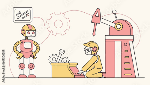 Robot technician working on a large machine with a helper robot