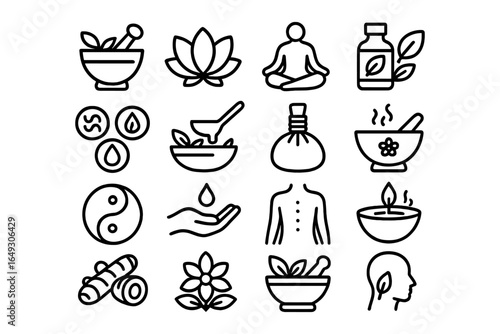 Minimalist wellness and healing icons set featuring spa and meditation elements