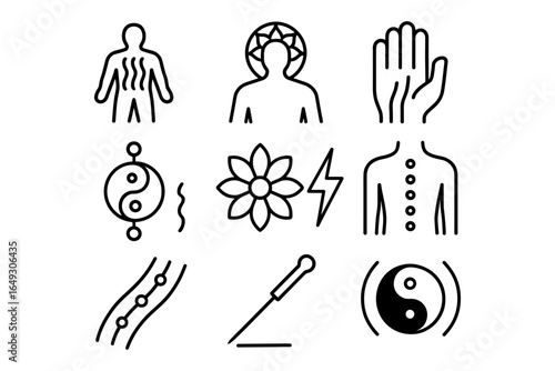 Minimalist icons depicting alternative medicine and holistic healing