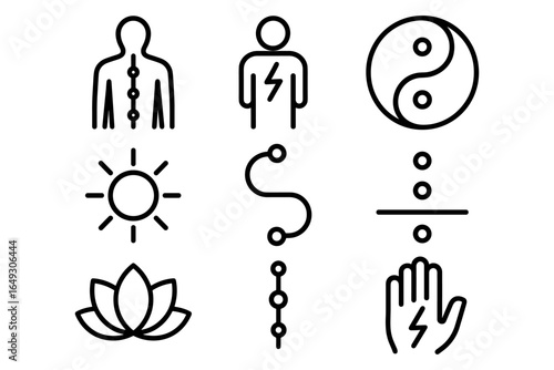Minimalist line icons of yoga, energy, and balance symbols for wellness designs