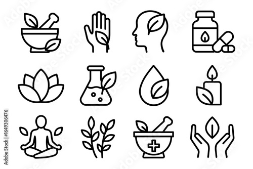 Essential line icon set for natural wellness and healing practices