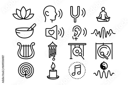 Meditation and sound healing icons: minimalist designs for mindfulness and wellness