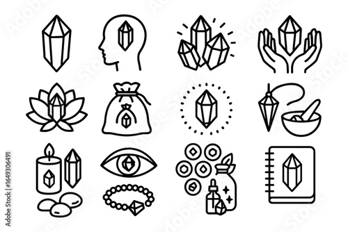 Outline gemstone symbols: crystals, healing, and spirituality in minimalist design