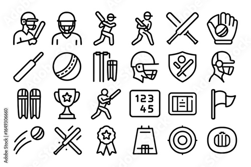 Cricket icons set: linear designs of bats, helmets, trophies, balls, and players