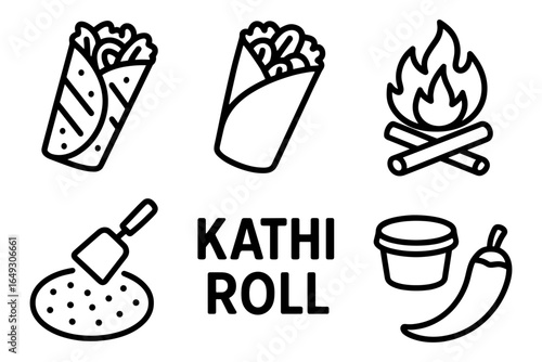 Kathi roll icons: bold line style with cooking and spice elements