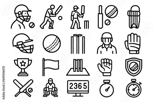 Cricket icons collection featuring equipment, players, and match elements in linear style