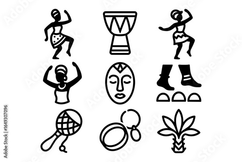 Traditional african dance elements in simple black icons collection