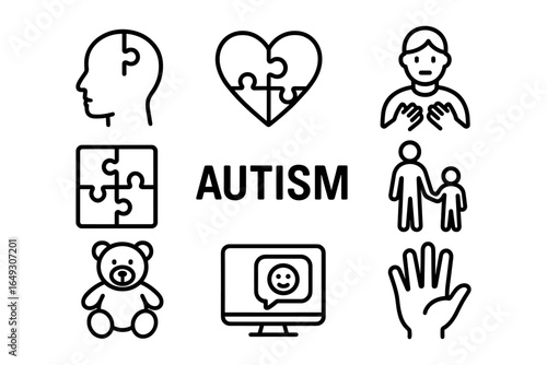 Autism awareness symbols in linear design: puzzle, heart, family, and care icons