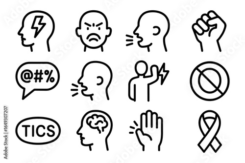 Outline icons of anger and emotions with human faces and symbols