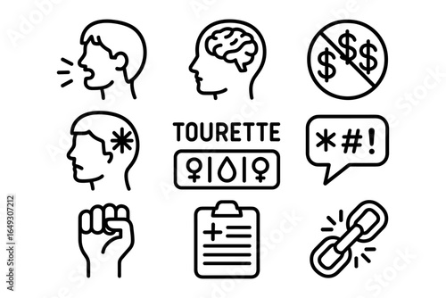 Tourette syndrome awareness icons set featuring linear style illustrations