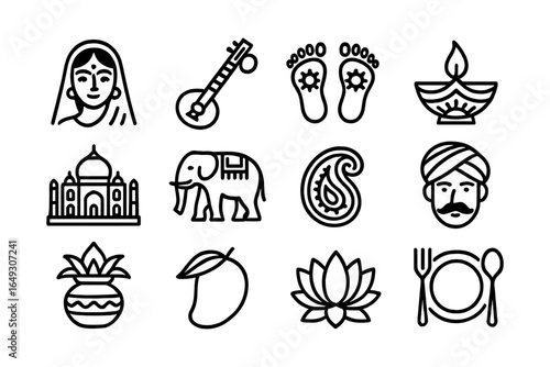 Icon set of indian culture: music, art, traditions, and cuisine in simple line style