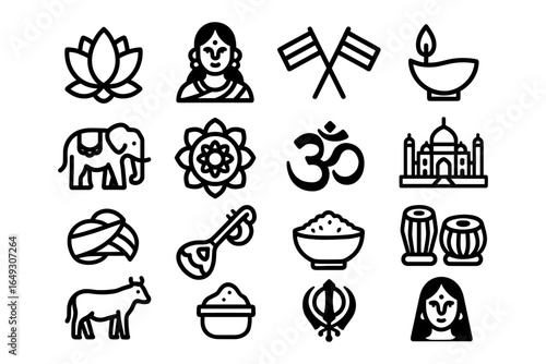 Set of iconic indian symbols: culture, tradition, and spirituality in simple black outline