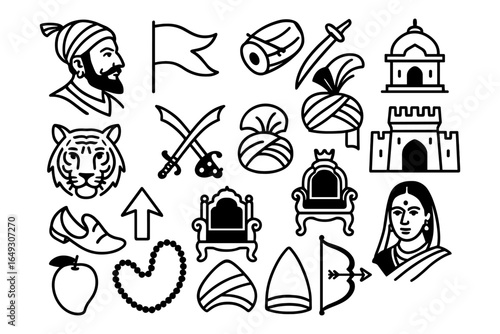 Icon set celebrating indian heritage: historic monuments, leaders, and cultural symbols