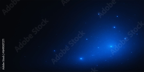 Abstract dark blue night sky with glowing stars and particles motion
