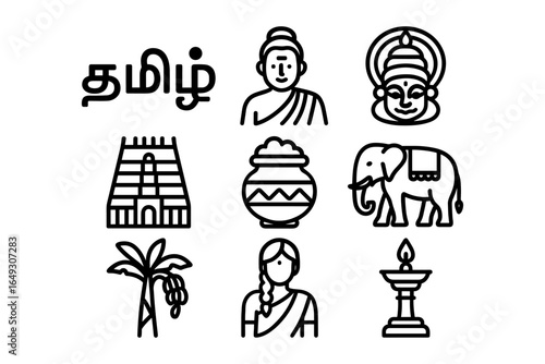 Traditional tamil cultural icons in linear style: temples, elephants, and ritual symbols