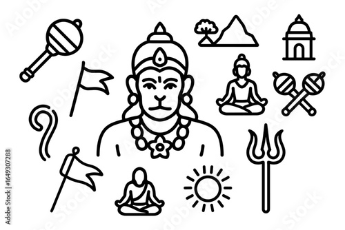 Hanuman outline icons: religious symbols and heritage elements in line art