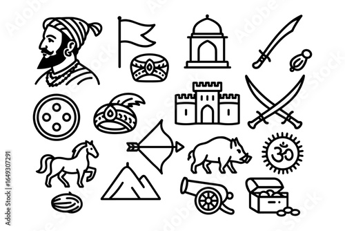 Historic indian symbols and icons in linear black and white design