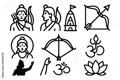 Minimalist ramayana icons: deity, bow, om, and lotus symbols