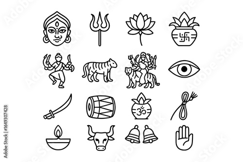 Icon set featuring hindu symbols in linear style for cultural and spiritual themes