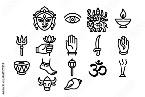 Line art icons of hindu symbols and deities for spiritual design
