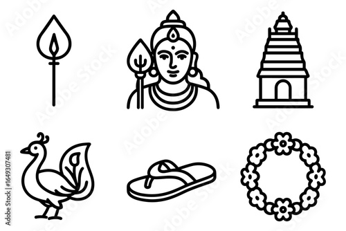 Minimalistic hindu symbols and icons in black and white line art style