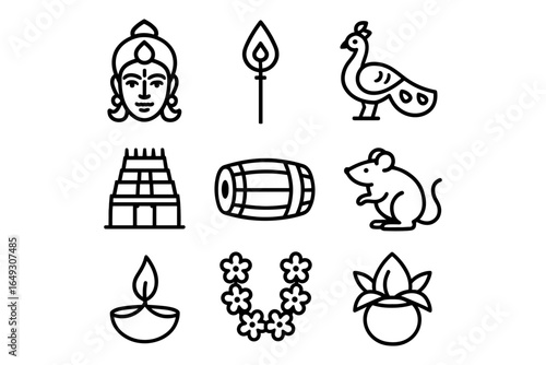 Minimalist indian cultural icons: temple, peacock, lotus, and more in line art style