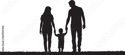 Family walking silhouette in nature bonding moment parent child holding hands together happily