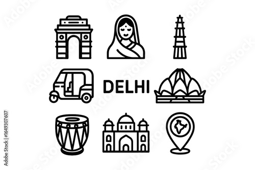 Icon set of delhi landmarks and culture in minimalist linear style