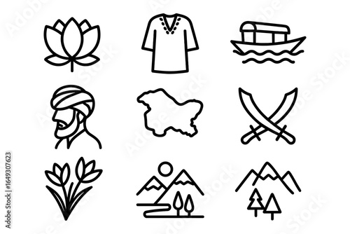 Traditional and cultural icons of kashmir in simple linear style