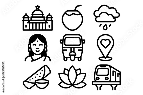 Icon set representing indian culture with linear style featuring food, transport, and landmarks