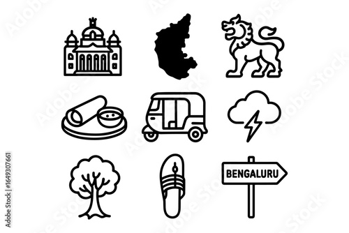 Bengaluru icons in black linear design: monuments, cuisine, weather, and culture