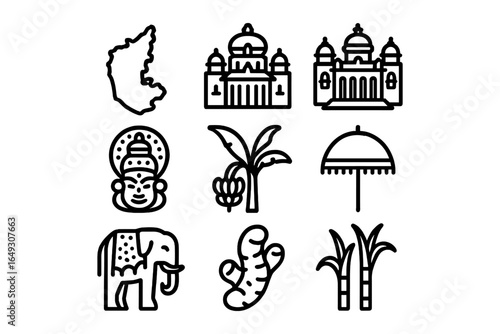Kerala icons set featuring cultural elements and architectural landmarks in simple line art style