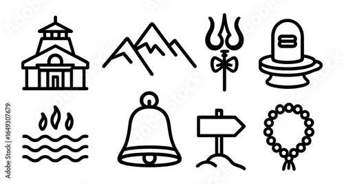 Hindu pilgrimage symbols in bold outline style