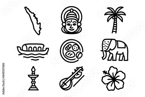 Kerala symbols: icon set featuring kathakali, houseboat, coconut tree, and elephant