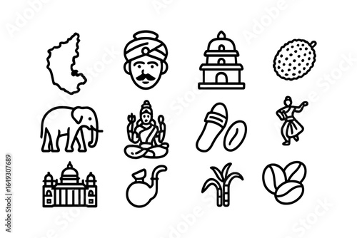 Traditional south indian icon set featuring culture, nature, and architecture in bold linear style