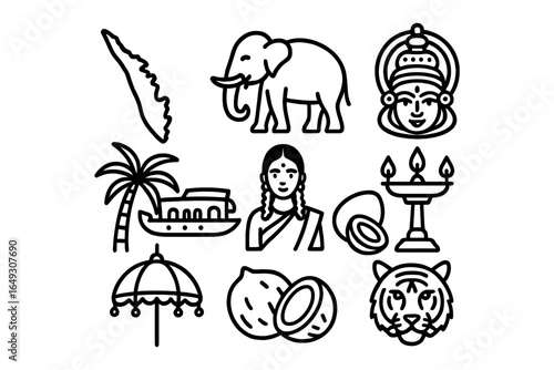 Kerala cultural icons line art featuring elephant, kathakali, and festive symbols