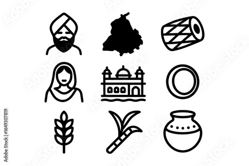 Punjabi culture icons: traditional symbols in bold line art
