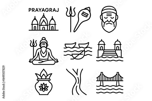 Linear icons of prayagraj: temples, sacred river, and spiritual symbols
