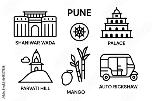 Pune landmarks and icons: historic structures and modern transportation in linear style