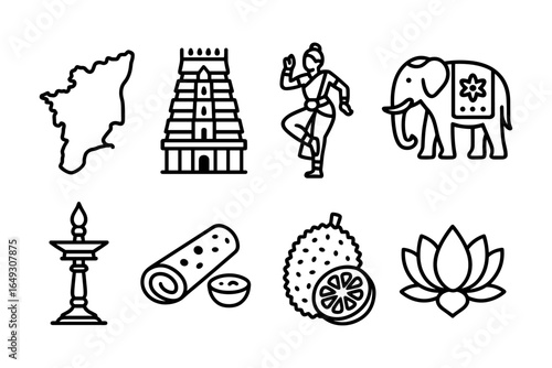 Traditional indian icons set: map, temple, dance, elephant, lamp, food, lotus