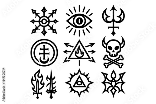 Mystical symbols set: eye, skull, and triquetra designs