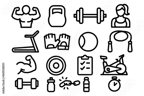 Fitness icons set featuring gym equipment and exercise symbols in minimal linear style
