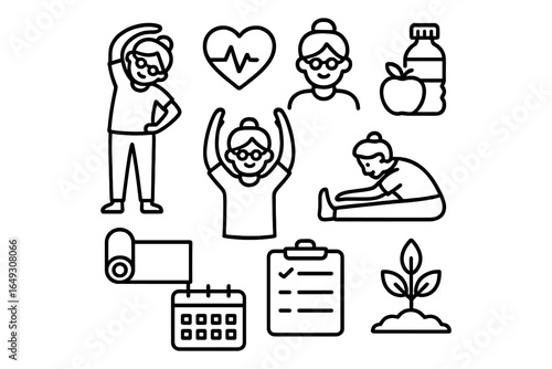 Healthy lifestyle and fitness icons in linear design for wellness and exercise themes