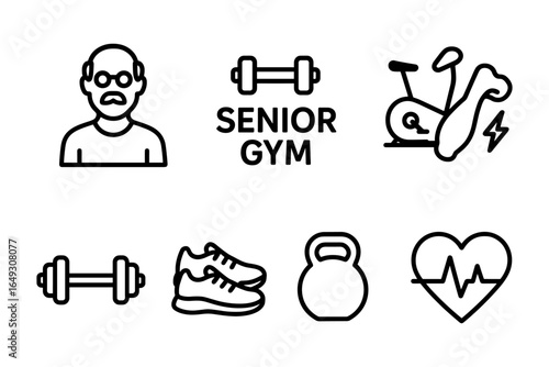 Fitness icons for seniors featuring gym equipment and health symbols in linear style