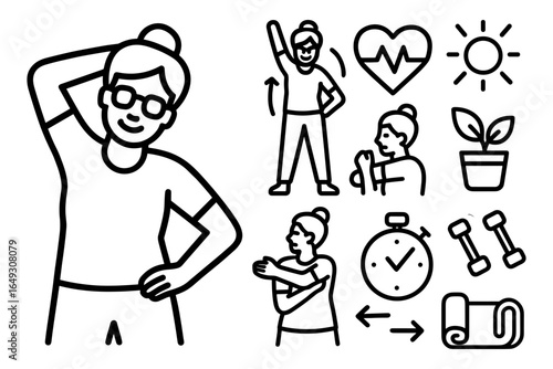 Healthy lifestyle icons: exercise, wellness, and fitness in linear style