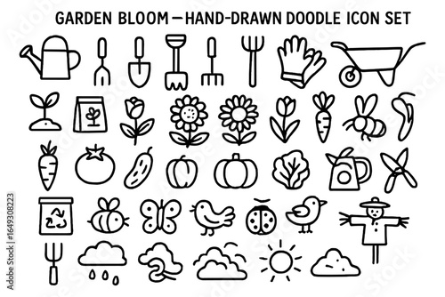 Garden bloom doodle icons: hand-drawn set of nature and gardening elements