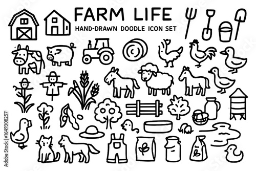 Farm life doodle icons: rustic animals, tools, and nature elements in hand-drawn style