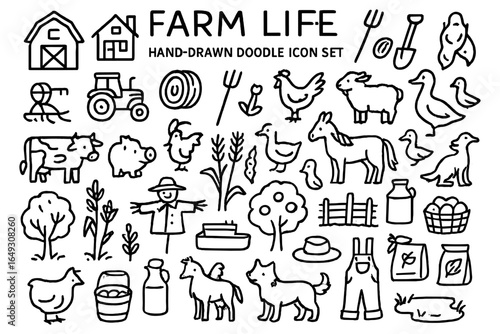 Farm life doodle icons: hand-drawn collection of animals, tools, and nature elements