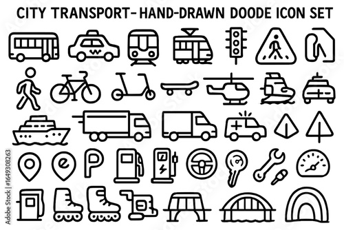 Hand drawn city transport icon set featuring urban vehicles and traffic symbols
