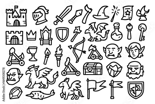 Medieval fantasy icon set featuring castles, knights, and mythical creatures in linear style